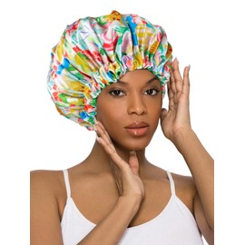 Vettres Silk Hair Bonnet for Sleeping with Scrunchie Adjustable Sleep Bonnets Double Layer Satin Sleep Cap for Curly Hair Colorful Flower