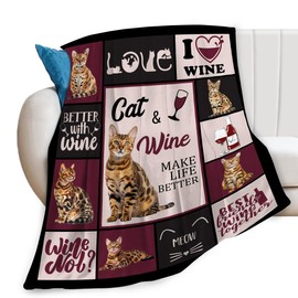 Bengal Cat Wine Print Blanket Cute Animal Throw Blankets for Couch Sofa Bed Stuff Decor Lightweight Soft Cozy Fleece Plush Flannel Bedding for Girls Boys Adults Lover Men Women 40"x50"