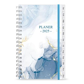 2025 Planner, A6 Weekly Planner with Monthly Tabs, Back Pocket, Elastic Closure, Flexible Cover, Double Wire Binding, Easy Organisation of Daily Life, Crickel, 10 x 17.5 cm, Blue