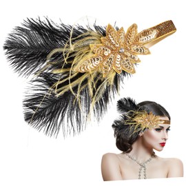 Healvian Vintage Sequin Flapper Headband with Plume and Rhinestones Elastic Womens Head Decor for Weddings Parties Roaring Costume Comfortable Fit and Elegant Style