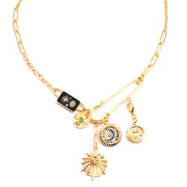 ORIGENCE Charm Necklace for Women Safety Pin Necklace Chunky Charm Necklace Sun Moon Evil Eye Jewelry Protection necklace Paperclip Chain DIY Pendent Necklace Amulet for Women