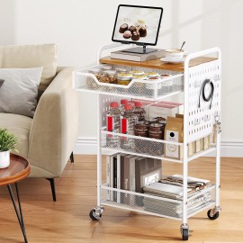 Hkwotinha 3 Tier Rolling Cart with Wheels - Metal Utility Carts with Drawers, Wood Tabl