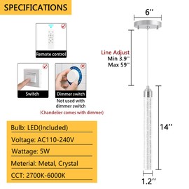 dolria 1-Light Modern Crystal Pendant Lighting LED Dimmable Pendant Light Kitchen Island Dining Room