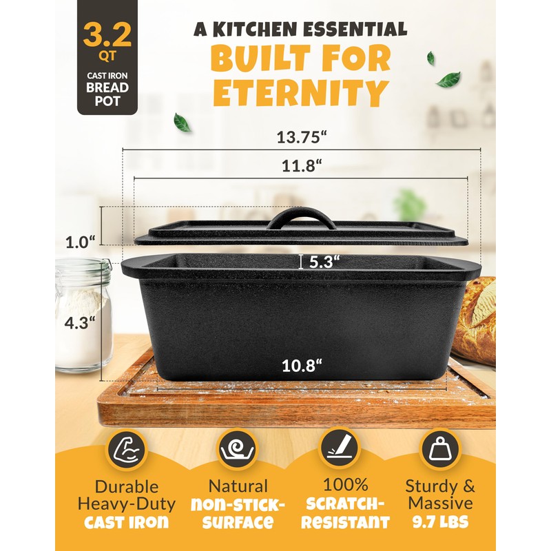 CRUSTLOVE Rectangular Cast Iron Dutch Oven for Bread Baking -