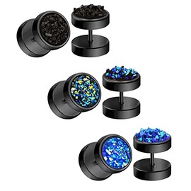 AceFun 16G 3 Pairs Black Fake Round Stud Earrings Surgical Steel Punk Style Fake Ears Plugs Men Women Clip on Fake Gauge Earring