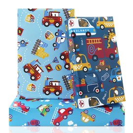 Animals, Giraffe, Elephant, Lion, Hippo, Bear, Fire Engine, Crane, Police Car, Ambulance, Boat, Birthday Wrapping Paper for Kids, Boys, Men, 6 Sheets Flat Folded, 50 x 70 cm per Sheet
