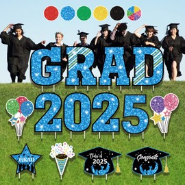 Up to 50” 14PCS Graduation Yard Signs Class of 2025, PP Safe Material Waterproof Outdoor Graduation Decoration Lawn Signs with Stakes, Large Congrats Grad Banner Decor for College School Party Blue