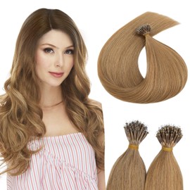 SEGOHAIR Nano Bead Human Hair Extensions - Nano Bond & Tip Extensions, Silky Straight Natural 50g/50 Stands 16" Dark Blonde