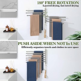 Alise Swivel Hand Towel Rack, 6 Arms Towel Bar SUS304 Stainless Steel Hand Towel Holder for Multiple Hand Towels, Towel Rack Wall Mounted for Bathroom, Kitchen, Laundry Room, Brushed Nickel