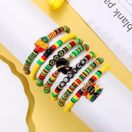 FAERLIIRY Beaded African Bracelets Black Women Preppy Friendship Bracelets Clay Bead Africa Map Heart Charm Bracelet Summer African Jewelry for Women (Africa-7PCS)