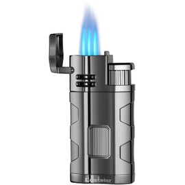 Castelar Torch Lighter Triple Jet Flame Refillable Butane Cigar Lighter with Cigar Punch Rest Holder - Butane Not Included