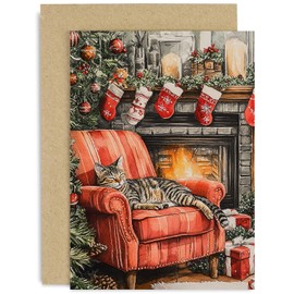 Vintage Christmas Cards for Men and Women - Festive Cat Fireplace Stocking Design - For Him or Her - Christmas Cards for Dad Mum Grandparents Auntie Uncle - Blank Inside