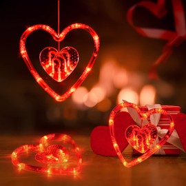 LOLStar Valentines Day Decor, 3 Pack Red Heart-Shaped Window Lights with Suction Cup, Timer Function & Slow Fade Mode Battery Operated Romantic Lights for Valentine's Day, Wedding Anniversary Decor