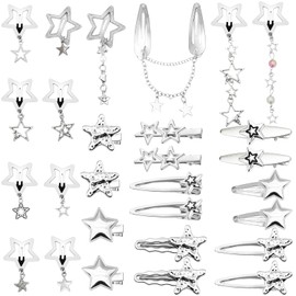 SUBANG 28 Pieces Star Hair Clips for Women Metal Star Barrettes Punk Hairpin Set Silver Y2K Styling Hair Accessories for Women