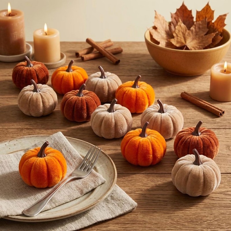 FBBEVWBK Pumpkin Decor 12pcs Artificial Velvet Fall Thanksgiving Decoration