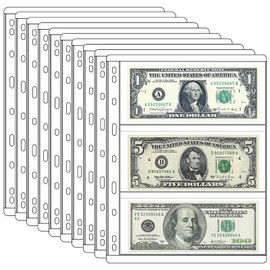 3 Pocket Paper Money Collection Supplies Pages, 10 Sheets Currency Collecting Book Album Sleeves with Standard 9 Hole for Coin Binder, Coin Collection Supplies Pages for Stamps Invitations Receipt