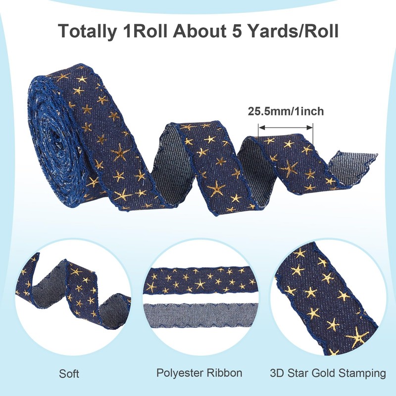 Magibeads 5 Yards Retro Denim Ribbon Wired 1 inch Polyester