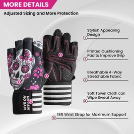 Weight Lifting Workout Gloves Women Men Crossfit with Wrist Wraps Support, Anti-Slip Grip Half Finger Gym Training Glove for Exercise Biking (Black Skull, Small)
