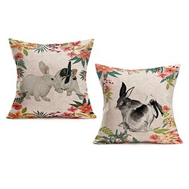 Xihomeli Cute Animal Rabbit Bunny Back Pillowcase 16x16 Inch Throw Pillow Covers Happy Easter Spring Season Decor Cotton Linen Set of 2 Cushion Case
