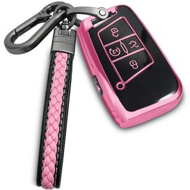 Yonmcfn for Volkswagen key fob cover with metal/leather keychain,TPU 5 Buttons Key case,compatible with Tiguan Atlas Jetta Passat Golf Alltrack Remote smart Key,car Key Accessories,Pink