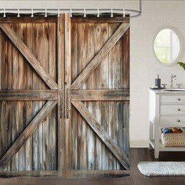 Rustic Wooden Barn Door Shower Curtain - Vintage Farmhouse Design, 60X70 Inch, Tan with Hooks