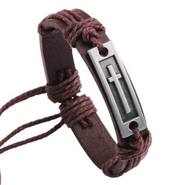 COLORFUL BLING Genuine Leather Cross Bracelet for Men Vintage Braided Mutilayer Sideway Cross Cuff Wristband Religious Confirmation Christian Prayer Jewelry-brown cross