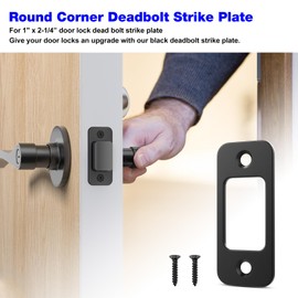 Black Deadbolt Strike Plate - Lock Strike Plate for Exterior Doors 1" x 2-1/4” Round Corner Dead Bolt Plate, Door Strike Plate with 16 Screws 1-3/8" - (8 Pack)