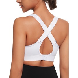 Yvette Adjustable Sports Bra, Strong Hold with Hooks and Eyelets, Non-Wired Fitness Running Bra, White, XL large sizes