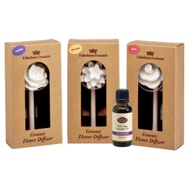Fabulous Frannie Lavender Aromatherapy Ceramic Flower Diffuser with 30ml 100% Pure Essential Oil 3pk Set.