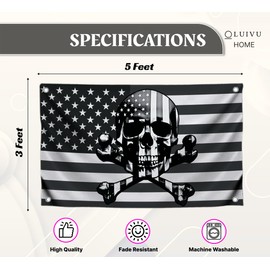 3x5 Ft American Skull Polyester Flags with 4 Brass Grommets - Pirate USA Flag or US Black Boat Single Sided Flags or Banners Man Cave Skull Bones Fun - Military Flag for Garden Yard Lawn Patio House