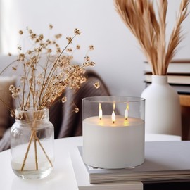 Retisee 6'' x 6'' Extra Large Flameless Candles, 3 Wick Glass Large Battery Operated Candles with Remote Control and Timer Function, Real Wax LED Large Pillar Candles Flickering for Home Party Decor