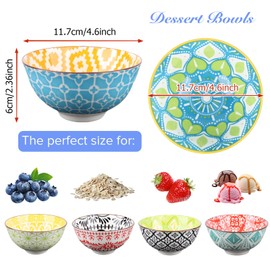 4.6inch Boho Ceramic Salad Bowl Set of 6, Colorful Porcelain Kitchen Soup Serving Bowls Dessert Bowls Set for Cereal, Soup, Fruit, Pasta, Rice, Oatmeal, Ramen, Cereal, Snack