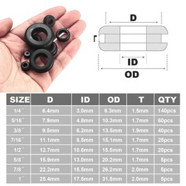 300 Pcs Rubber Grommets Kit, Rubber Wire Grommets, Rubber Hole Grommet Gaskets, Hollow Firewall Hole Plug Grommets for Wiring Plumbing Automotive - 8 Sizes, 1/4" 3/8" 5/8" 7/8" 5/16" 1/2" 7/16" 1"