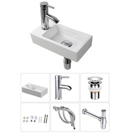 Wall Hung Basin Sink Small Cloakroom Basin Rectangle Ceramic Wash Basin Left Hand with Tap & Drain(Art Deco)