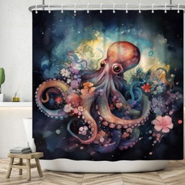 ASDCXZ Octopus Shower Curtain 180x180 cm, Art Watercolor Cute Octopus Rose Colorful Flowers Bath Washable Shower Curtains Polyester Textile Waterproof Bath Curtain for Bathtub with 12 Hooks