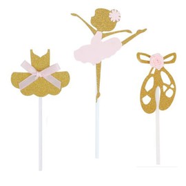 24 Pack of Glitter Gold Ballerina Ballet Slippers Tutu Dress Girls Skirt Cupcake Toppers for Birthday Party Baby Shower Wedding Party Decoration