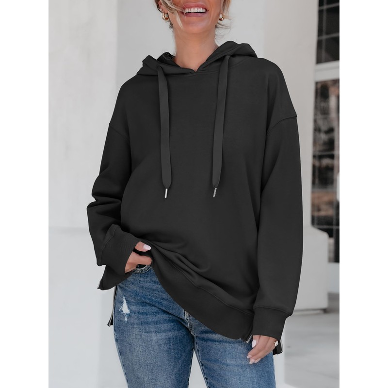 ANRABESS Women Oversized Hoodies Side Zipper Fleece Long Sweatshirts Lightweight