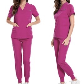 Baoblaze Uniforms Scrub Set with Pockets Nurse Top and Pants Modern Female Work Clothing Work suits Workwear for Athletic Pet Grooming, L, Rose Red