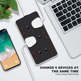 EXTRASTAR 6 Way Extension Lead in Black and White, 5M Extension Cord 13A UK Plug Max 3120W, Socket Extension Power Strip for Home Office School