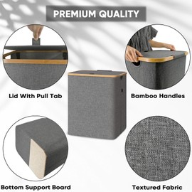 BALEINE Laundry Hamper with Lid, Tall Laundry Baskets with Bamboo Pull Handles, Large Laundry Bin with Internal Support (36 Gal/140L, Black)