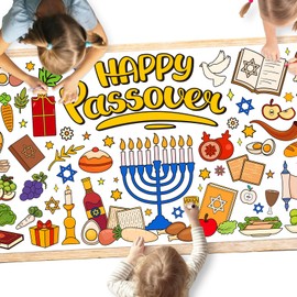 JarThenaAMCS Happy Passover Giant Coloring Poster Large Coloring Jewish Pesach Theme DIY Drawing Tablecloth for Party Favor School Craft Supplies, 31.4 x 72 Inch