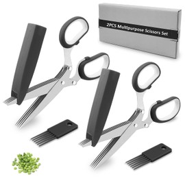 Cooking Scissors Shredder Scissors Stainless Steel Onion Nori Seaweed Scissors Vegetable Cutter 5 Blade Washable Set of 2 (Black)