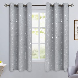 BGment Room Darkening Curtains 63 Inches Long, Grommet Thermal Insulated Blackout Curtains with Wave Line and Dots Printed for Bedroom, 2 Panels, Each 42 x 63 Inch, Light Grey