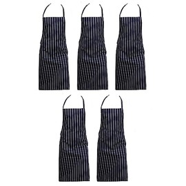 Zukeo Chef Pack of 5 Professional Woven Stripe Cotton Butchers Kitchen Apron - No Pocket (Navy)