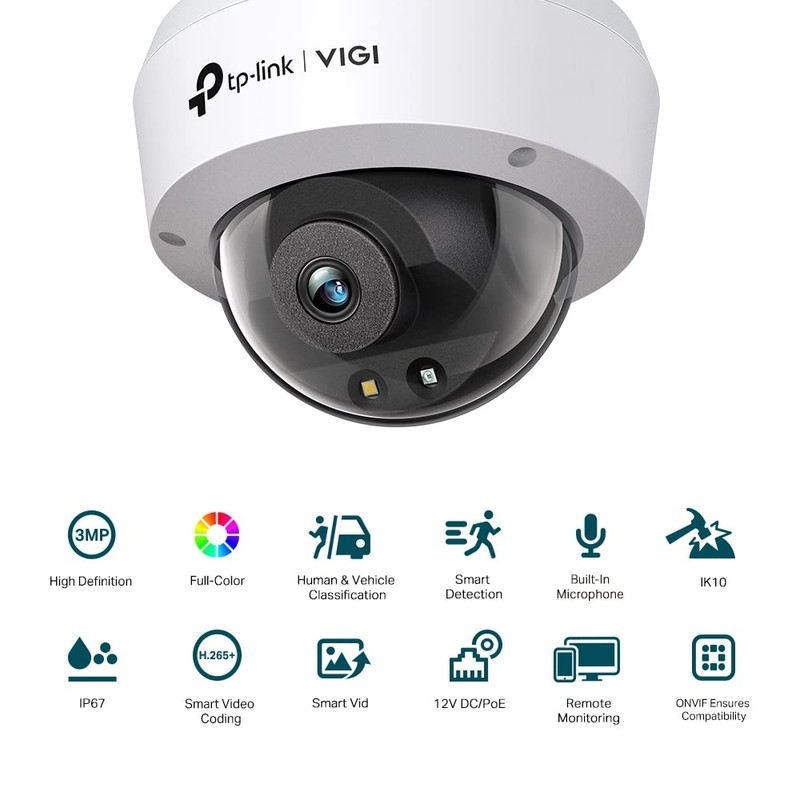 TP-Link VIGI 3MP Dome Network Smart Security Camera, Full-Colour, AI