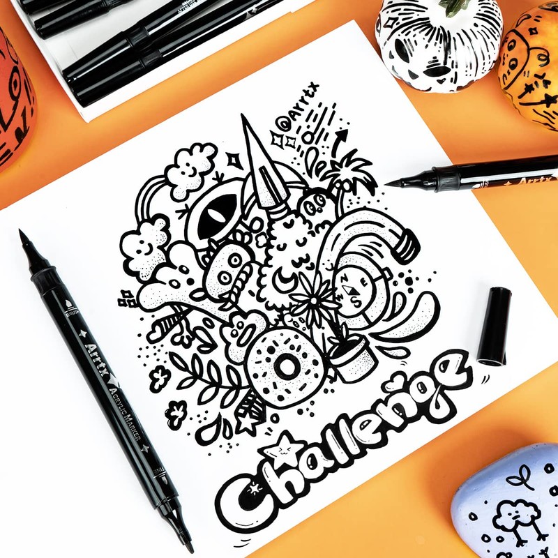 Arrtx Black Acrylic Paint Pens - 8 Pack Brush Tip