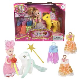 ArtCreativity Princess Pony Doll Play Set for Girls, Cute Playset with Doll, Horse, 4 Dresses, and Magic Wand, Durable Princess Pretend Play Toys, Best Holiday and Birthday Gift for Girls