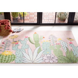 SAFAVIEH Washable Rug Door and Kitchen Mat Collection - 4' x 6', Pink & Green, Indoor/Outdoor, Weather Resistant, Non-Slip, Ideal for Patio, Backyard, Mudroom, Entryway, Bathroom (DKM373U)
