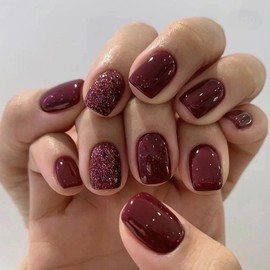 MISUD Wine Red Press on Nails Short Square Fake Nails Glossy Glue on Nails Squoval Acrylic Nails Winter Burgundy Artificial Nails Fall Solid Color Stick on False Nails with Design 24 pcs