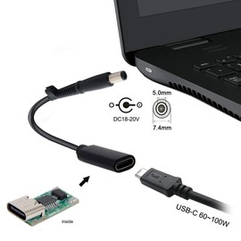 7.4x5.0mm Dell Slim Tip Adapter (Requires 100W PD Charger), Female USB-C to Male Power Connector for 45W/65W/90W 7.4mm Dell Laptops, Will NOT Charge with Phone Charger